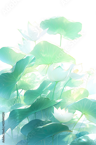 Huge leaves of lotus in the style of watercolor. Created with Generative AI technology. 