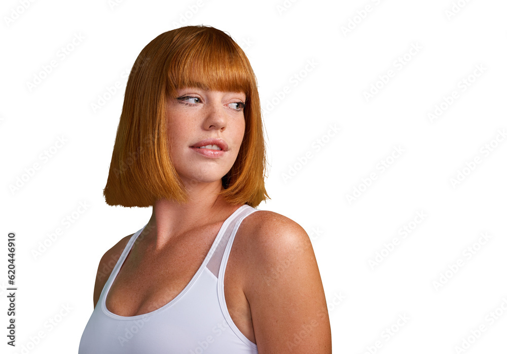 Sports, fitness and strong with woman and thinking on png for training, health and workout. Exercise, wellness and gym with face of female athlete isolated on transparent background for performance Sports, fitness and strong with woman and thinking on png for training, health and workout. Exercise, wellness and gym with face of female athlete isolated on transparent background for performance
