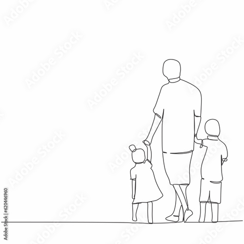 One continuous single line of father with daughter and son isolated on white background.