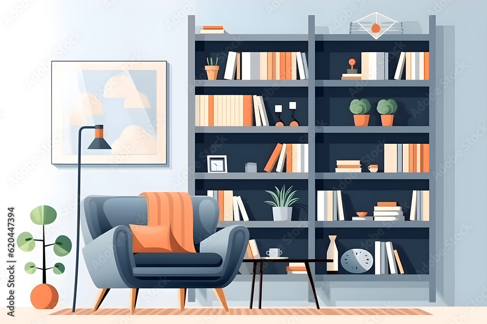 Scandinavian living room interior with big panoramic windows, armchair and bookshelf. modern cozy interior of room. Home library with book shelf. flat vector illustration