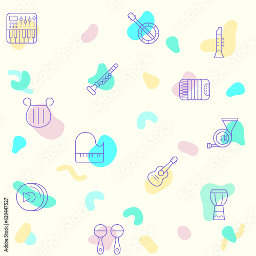 Vector illustration of a cute music instrument. Collection of sound, piano, guitar, accordion, oboe, saxophone, drum, marimba, xylophone and other elements. Isolated on beige.