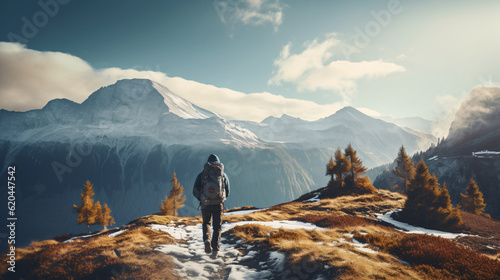 Freedom and Adventure: Landscape shot of someone hiking up a mountain. Adventure up the hills in a overwhelming surrounding. Generative AI