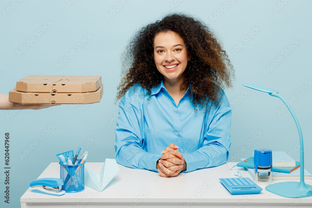 Young smiling happy successful employee business woman wear casual ...