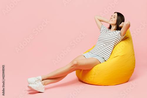 Print op canvas Full body relaxed happy young caucasian woman she wears casual clothes t-shirt s