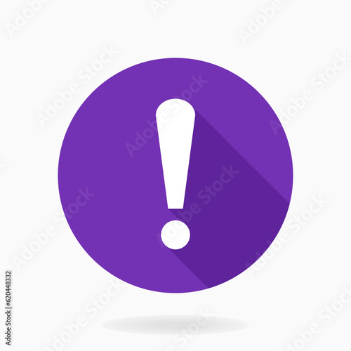 White vector exclamation flat icon in the purple circle. Flat design and long shadow