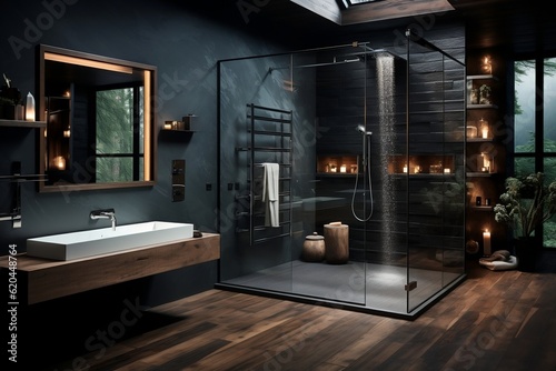 A modern bathroom with a sleek sink and spacious shower. AI