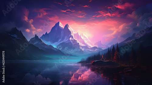 The mountain range at night with water and sunset, in the style of detailed character illustrations, light crimson, and magenta, I can't believe how beautiful this is, digital art, vibrant colors cape © creaphicartz