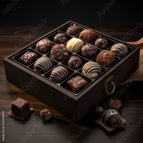Box of chocolate pralines - closeup created using generative AI tools © Salander Studio