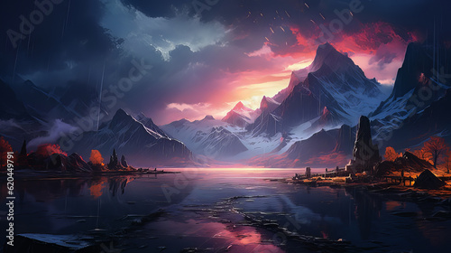 The mountain range at night with water and sunset, in the style of detailed character illustrations, light crimson, and magenta, I can't believe how beautiful this is, digital art, vibrant colors cape