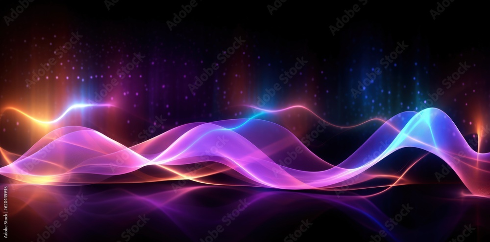 Naklejka premium Visualization of sound waves. Abstract futuristic background with colorful glowing neon moving high speed wave lines and bokeh lights. Data transfer concept. Fantastic wallpaper. Generative AI