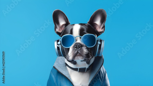Portrait of adorable dog wearing a blue jacket with headphones on flat blue background. Cool fashionable dog listens to music on wireless headphone on blue background. Creative idea concept © AspctStyle