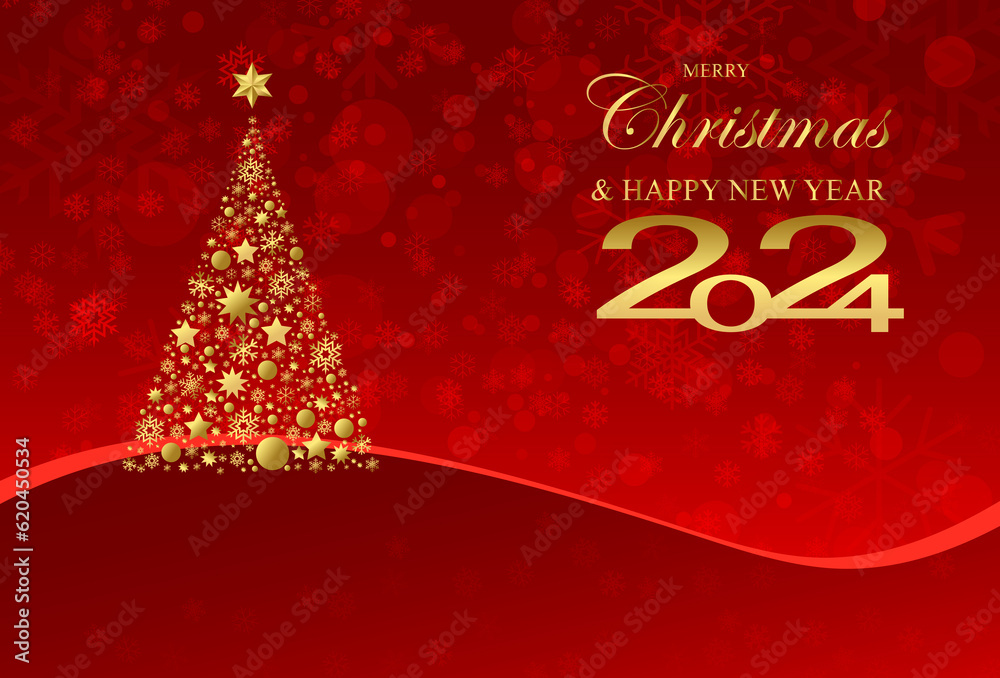 Merry Christmas Golden tree design with Snowflakes on red  background. Vector Illustration.
