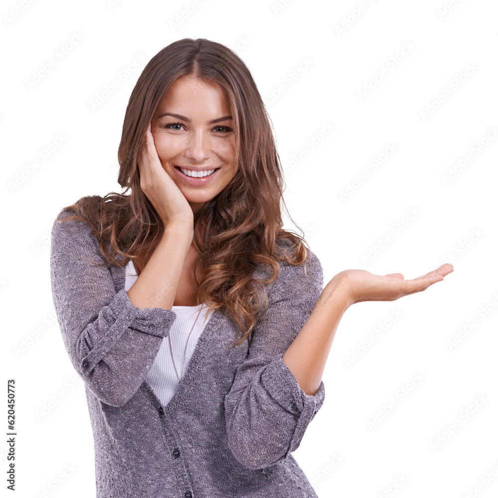 Hand, portrait and woman with a choice, decision or mockup of menu offer on transparent, isolated or png background. Happy, face and person to show palm with promotion, information or branding Hand, portrait and woman with a choice, decision or mockup of menu offer on transparent, isolated or png background. Happy, face and person to show palm with promotion, information or branding