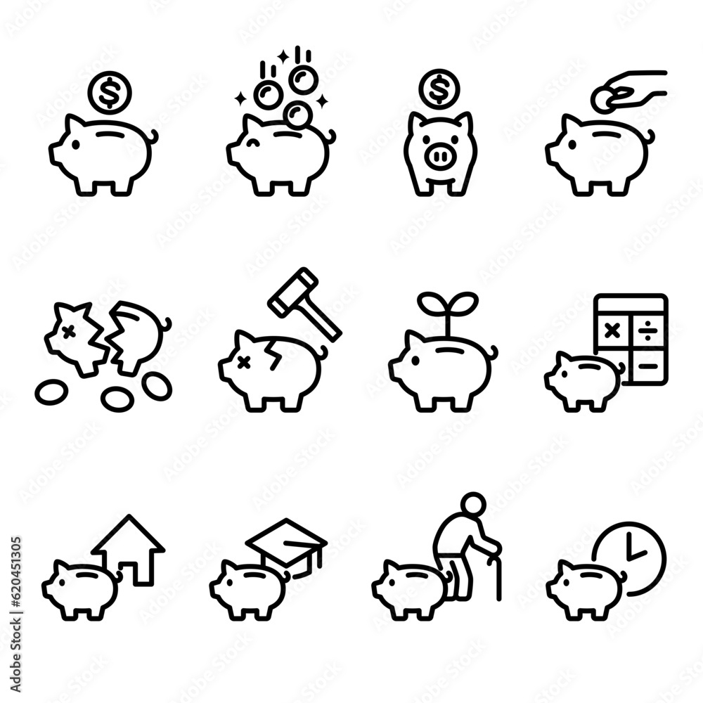 Piggy bank icon set, Save money concept, Vector outline illustration.