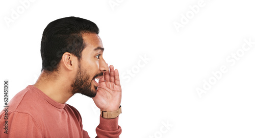 Secret, whisper and asian man with news info on isolated, transparent or png background. Confidential, announcement and male person with hand emoji for promo, deal or coming soon gossip or deal drama