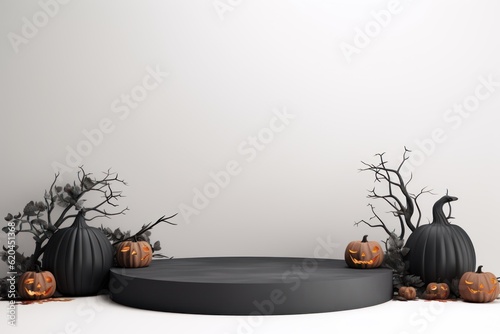 Eerie halloween style podium on white background mysterious spooky showcase for product presentation and mock-up display, 3D rendering, Generative AI.