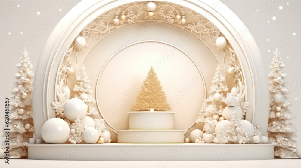 Podium in modern of a joyous festival of Christmas and New Year a gift box with a pine tree, 3D rendering for product presentation , Generative AI.