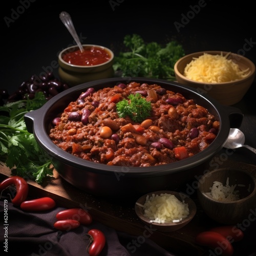 Bowl of chilli con carne on a wooden table - created using generative AI tools