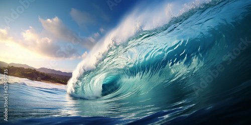 The perfect ocean blue breaking wave barrel to surf. Generative AI illustration © JoelMasson