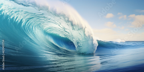 The perfect ocean blue breaking wave barrel to surf. Generative AI illustration