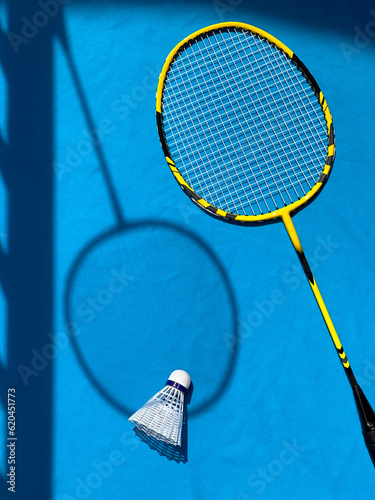 Rackets and badminton shuttlecock on a bright sunny day. View from above, drawing shadows © Maryna