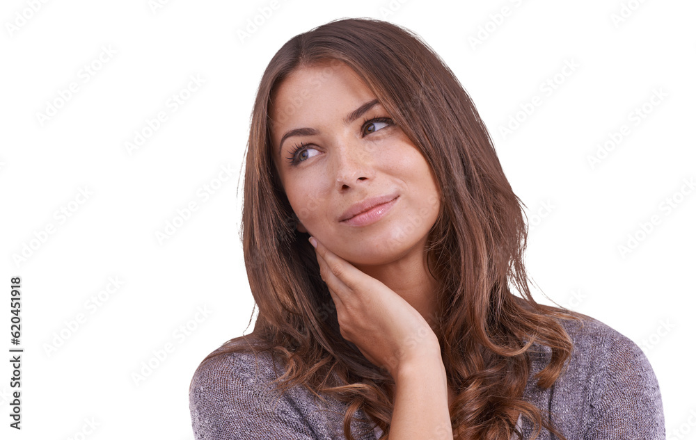 Thinking, happy and woman with idea and decision on isolated, png and transparent background. Advertising, confidence and face of thoughtful female person pose for memories, remember and dreaming Thinking, happy and woman with idea and decision on isolated, png and transparent background. Advertising, confidence and face of thoughtful female person pose for memories, remember and dreaming