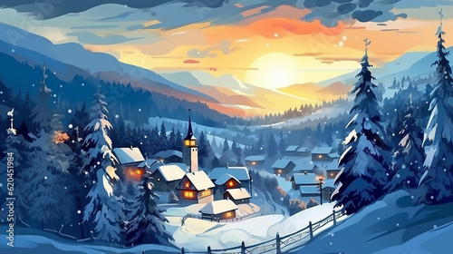 Christmas winter landscape with small village. 