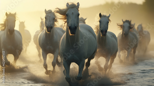 Portrait of white Camargue horses running through water.