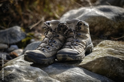 Pair of hiking boots on a rock in the middle of a jungle