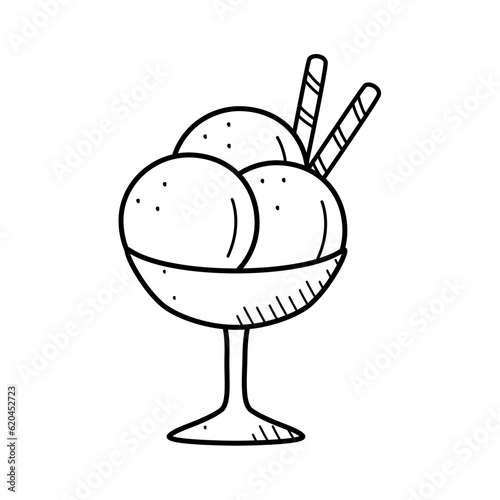 Ice cream in creamers and baskets doodle style. Vector illustration of summer refreshing dessert. Icon for the cafe restaurant menu. Single sketch isolate on white.