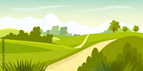 Cartoon rural grassland landscape  rural lane road to horizon through green pasture meadows with grass and trees in fields  summer farmland panorama. Farm field landscape vector illustration.