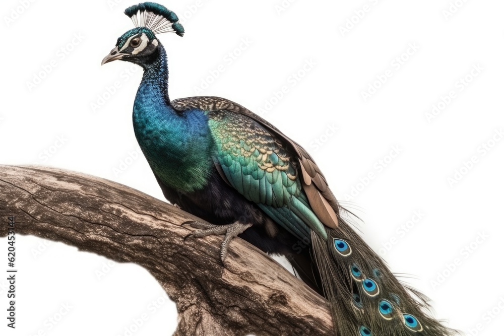Obraz premium Beautiful peacock sitting on a tree branch isolated on a white background