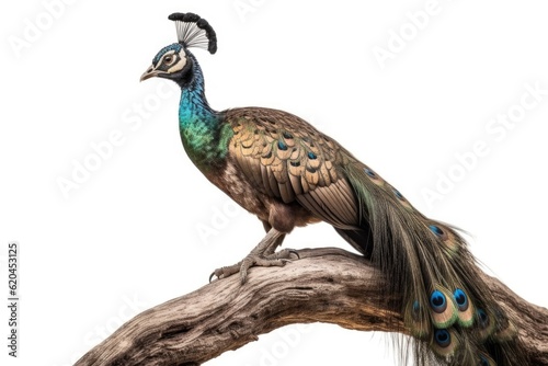 Peacock sitting on a branch isolated on white background