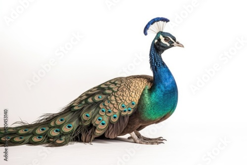 A colorful peacock on a white background