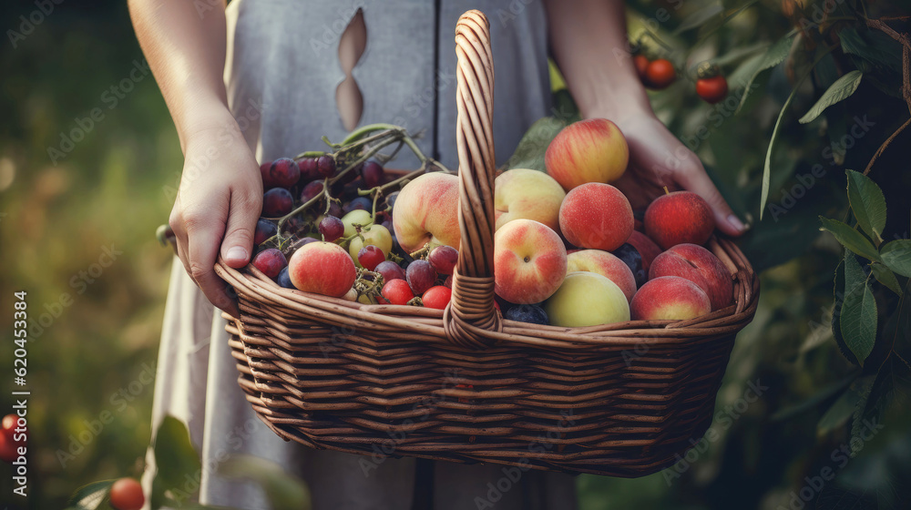 Person holding basket of fresh summer fruits