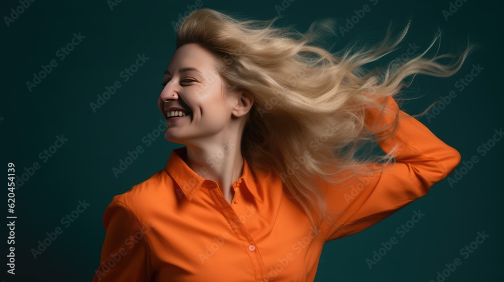 Fototapeta premium Successful blonde woman with orange clothes enjoying the moment. Generative AI
