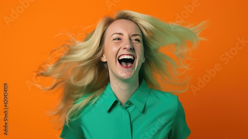 Successful blonde woman with orange clothes enjoying the moment. Generative AI