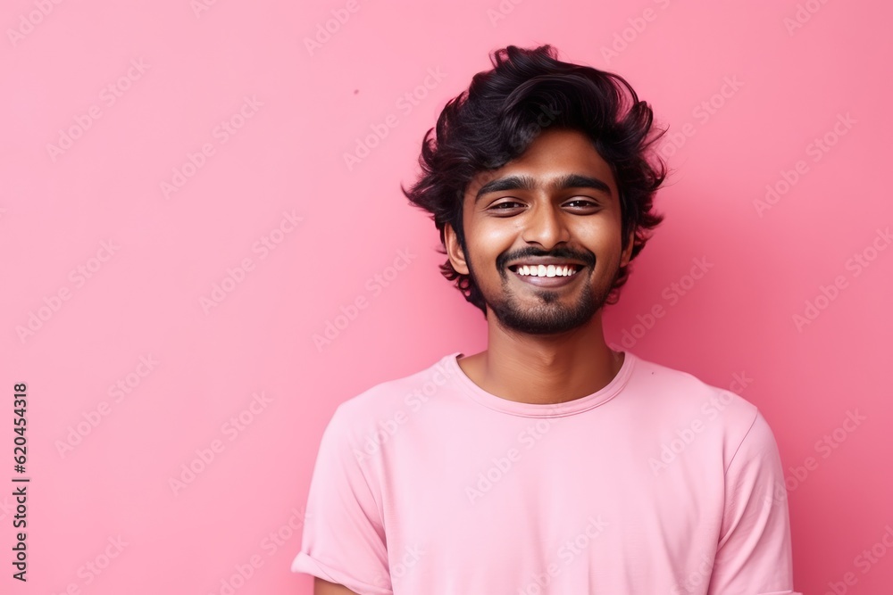 Handsome Indian guy laughing on pink background. Generative AI Handsome Indian guy laughing on pink background. Generative AI