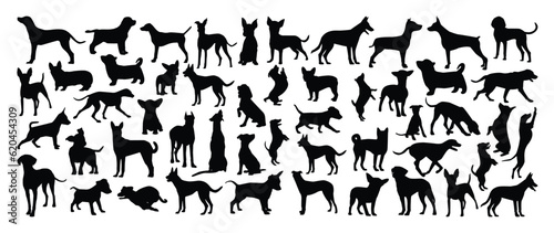 Set of dog silhouette vector. Dogs and puppies in different breed, corgi, golden retriever, poses, sitting, standing, jump. Hand drawn pet animals for pet shop, logo design, decorative, sticker