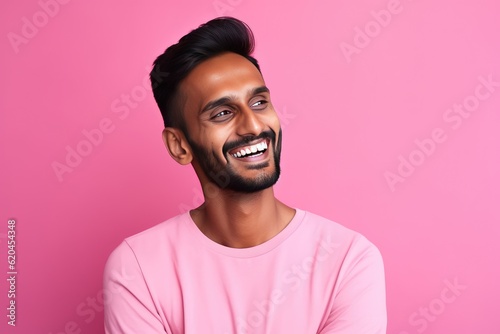 Handsome Indian guy laughing on pink background. Generative AI © Gelpi