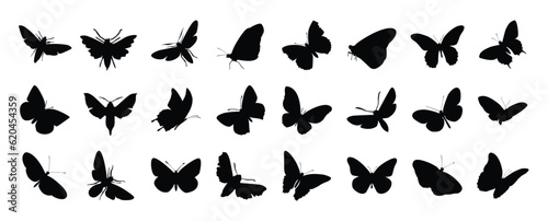 Set of butterfly silhouette vector. Butterflies, moth and insect in different wings style shapes, flying. Hand drawn black insect illustration for logo design, sticker, cover, y2k design, icons. photo