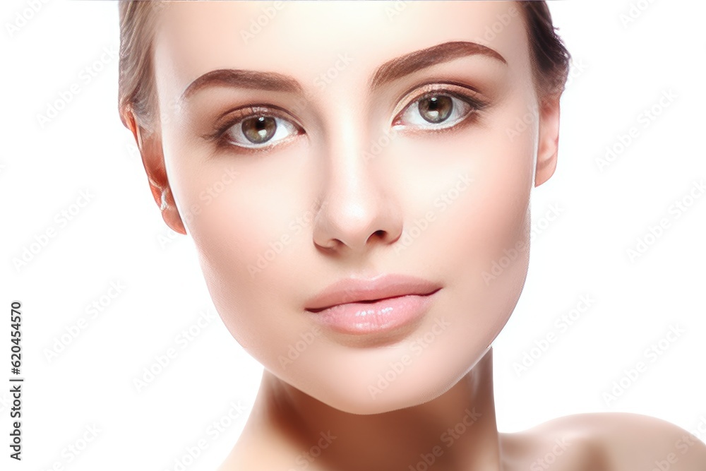 Beautiful face of a young woman with perfect health skin on light background. Generative AI Beautiful face of a young woman with perfect health skin on light background. Generative AI