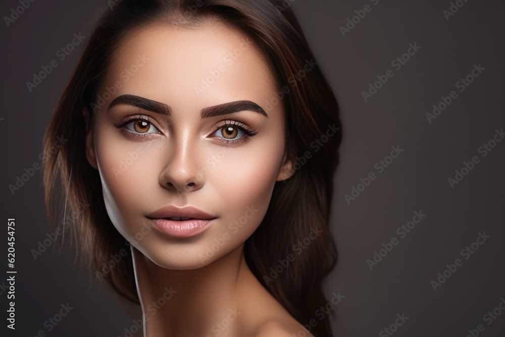 Beautiful face of a young woman with perfect health skin on dark background. Generative AI Beautiful face of a young woman with perfect health skin on dark background. Generative AI