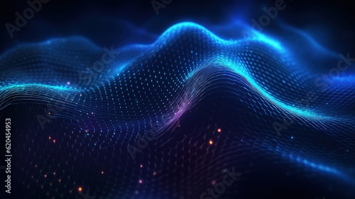 Visualization of sound waves. Abstract futuristic background with colorful glowing neon moving high speed wave lines and bokeh lights. Data transfer concept. Fantastic wallpaper. Generative AI © Matyfiz