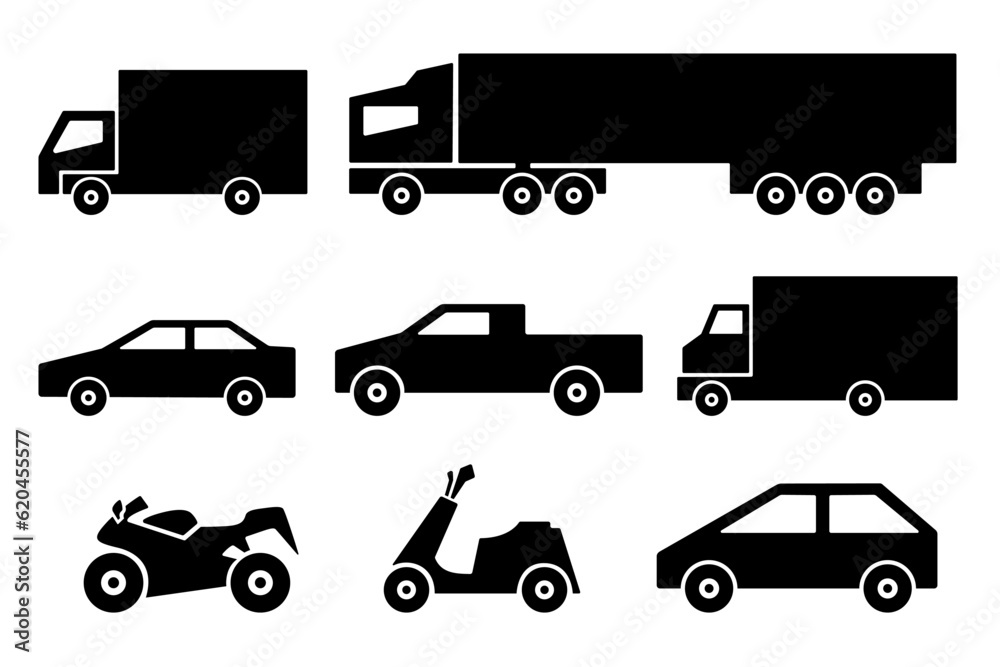 Car black silhouette icon set on white. Various vehicle, different body type like truck, pickup, sedan, wagon trailer and motorbike. Vector signs for web design or transport service logo. Car black silhouette icon set on white. Various vehicle, different body type like truck, pickup, sedan, wagon trailer and motorbike. Vector signs for web design or transport service logo.