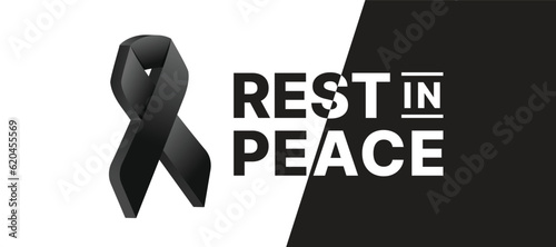 Mourning symbol with 3D black ribbon and REST IN PEACE text on white black background vector design