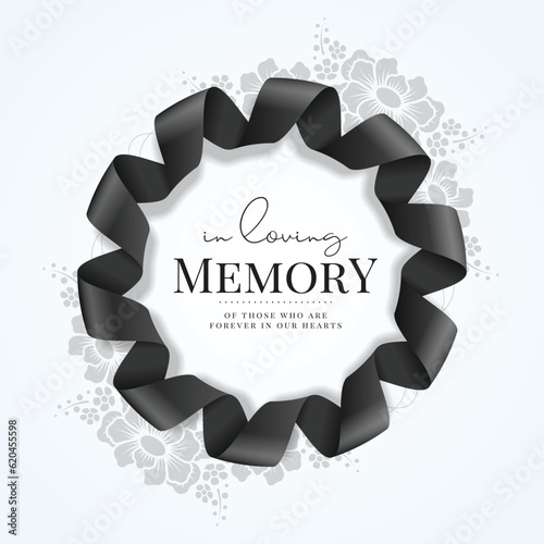 In loving memory of those who are forever in our hearts text in circle rings ribbon waving frame on flora texture background vector design