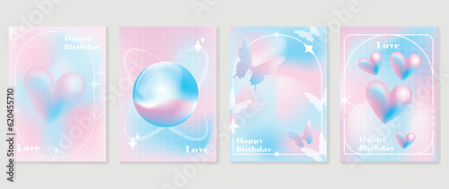 Idol lover posters set. Cute gradient holographic background vector with heart pixel, star, butterflies, halftone. Y2k trendy wallpaper design for social media, cards, banner, flyer, brochure.