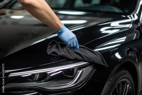 A man cleaning car with microfiber cloth, car detailing (or valeting) concept. Car wash background.
