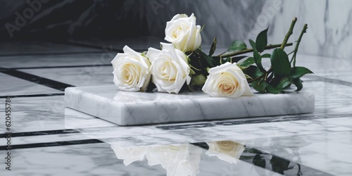 A white marble platform with white roses lining the perimeter of the platform. Funeral concept.
